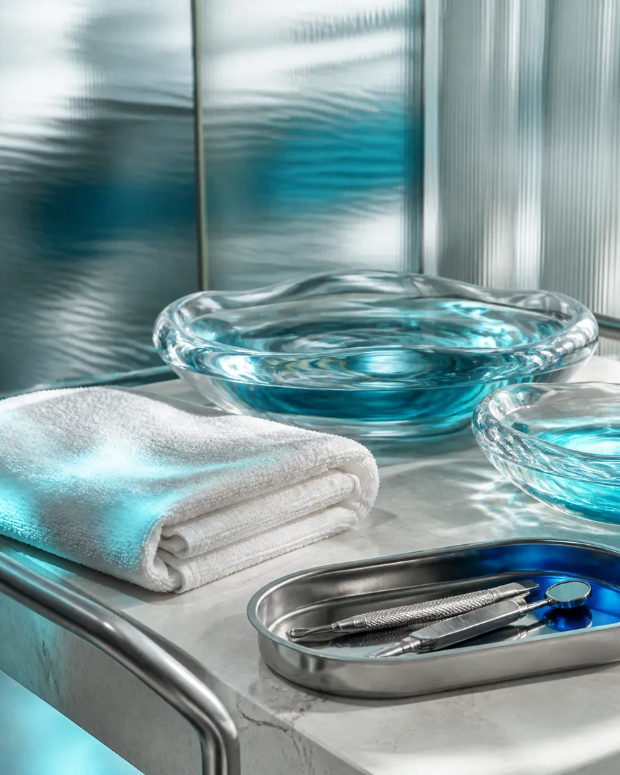 Editorial still life of facial care tools on a treatment trolley